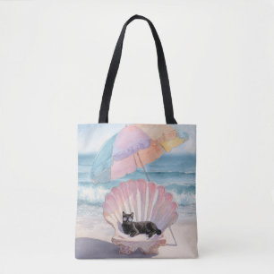 Whimsical Black Cat Beach Tote Bag