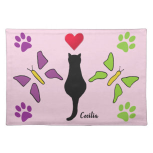 Whimsical Black Cat & Butterflies Personalized Cloth Placemat