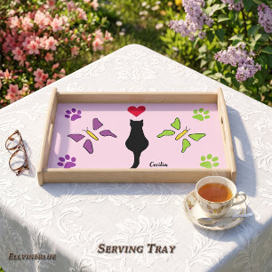 Whimsical Black Cat & Butterflies Personalized Serving Tray