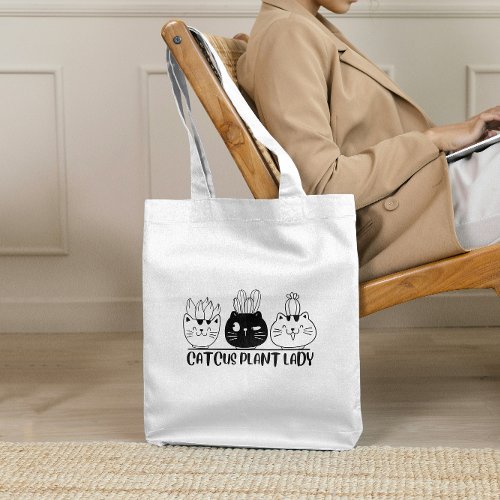 Whimsical Black Cat Catcus Lady Monochromatic  Tote Bag