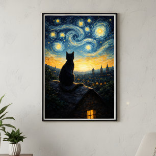 Whimsical Black Cat & Celestial Town Wall Art