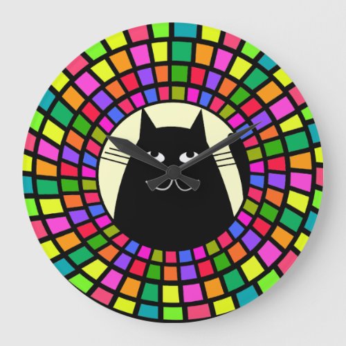 Whimsical Black Cat Clock Mosaic Style Art 2