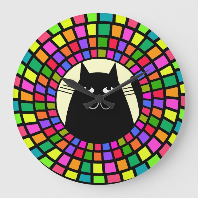 Whimsical Black Cat Clock Mosaic Style Art 2 (Front)