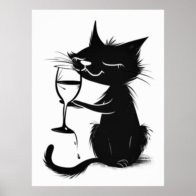 Whimsical Black Cat Drinking Wine 2D Poster (Front)