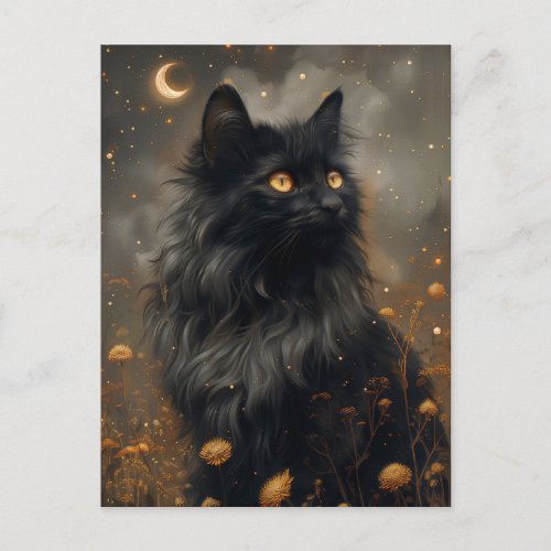 Whimsical Black Cat  Enchanted Dandelions Postcard