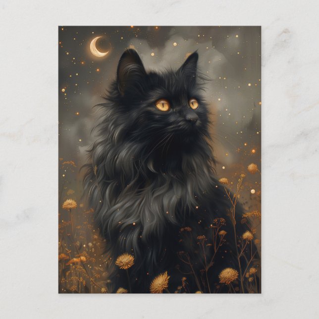 Whimsical Black Cat & Enchanted Dandelions Postcard (Front)