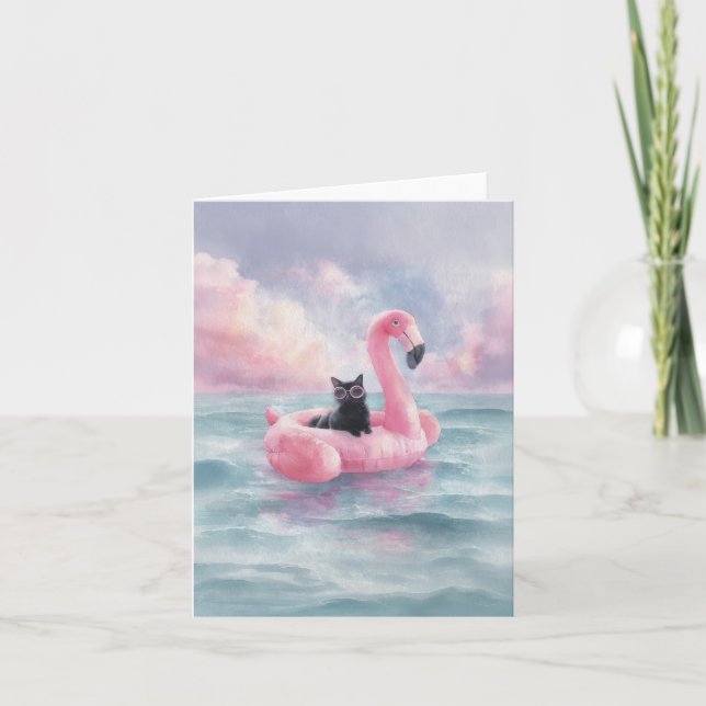 Whimsical Black Cat Flamingo Float Card (Front)