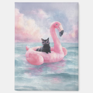 Whimsical Black Cat Flamingo Float Magnet