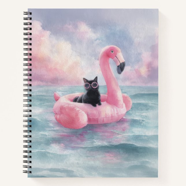 Whimsical Black Cat Flamingo Float Notebook (Front)