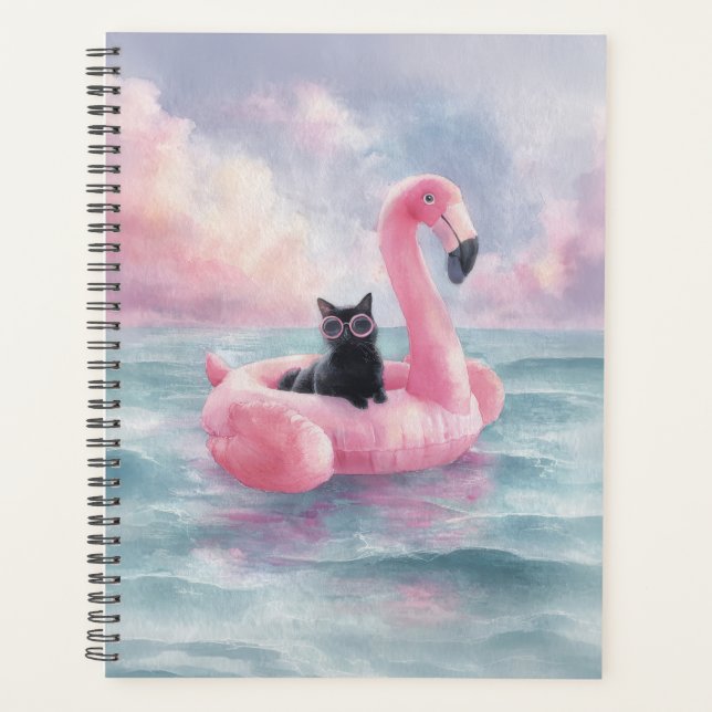 Whimsical Black Cat Flamingo Float Planner (Front)