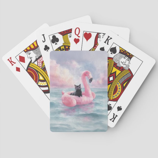 Whimsical Black Cat Flamingo Float Playing Cards (Back)