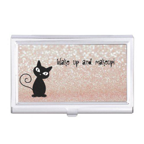 Whimsical  Black Cat Glittery_Wake up and makeup Business Card Case