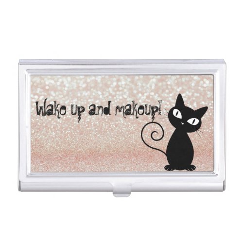 Whimsical  Black Cat Glittery_Wake up and makeup Business Card Holder