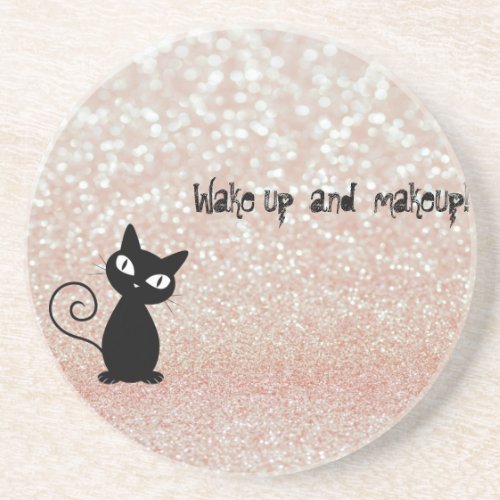 Whimsical  Black Cat Glittery_Wake up and makeup Drink Coaster