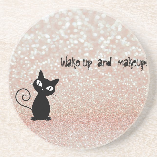 Whimsical  Black Cat Glittery-Wake up and makeup Drink Coaster (Front)