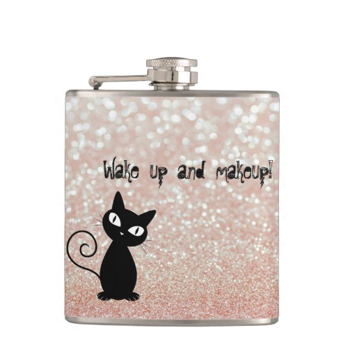 Whimsical  Black Cat Glittery_Wake up and makeup Hip Flask