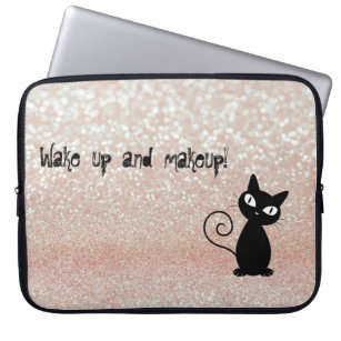 Whimsical  Black Cat Glittery-Wake up and makeup Laptop Sleeve