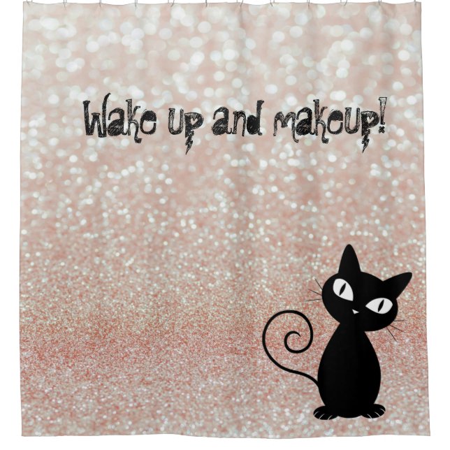 Whimsical  Black Cat Glittery-Wake up and makeup Shower Curtain (Front)