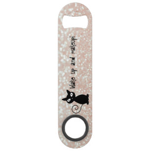 Whimsical Black Cat Glittery-Wake up and makeup Speed Bottle Opener