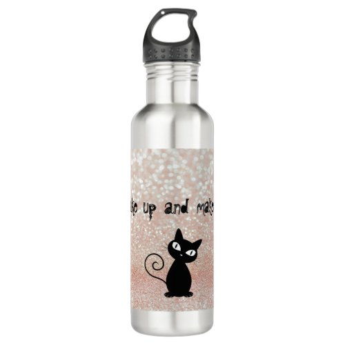 Whimsical  Black Cat Glittery_Wake up and makeup Stainless Steel Water Bottle