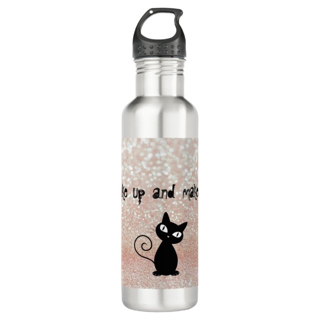 Whimsical  Black Cat Glittery-Wake up and makeup Stainless Steel Water Bottle (Front)