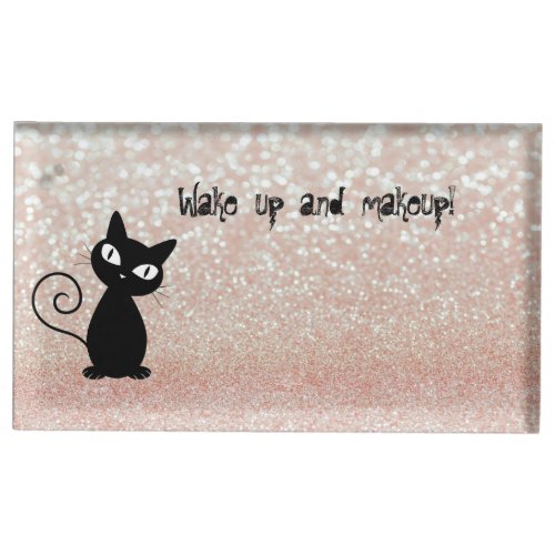 Whimsical  Black Cat Glittery_Wake up and makeup Table Number Holder