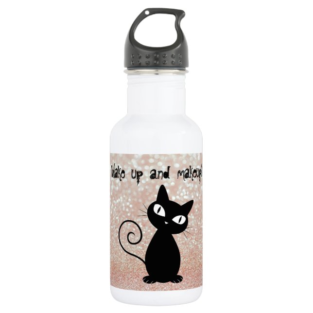 Whimsical  Black Cat Glittery-Wake up and makeup Water Bottle (Front)