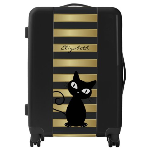 Whimsical Black CatGold Stripes_ Personalized Luggage