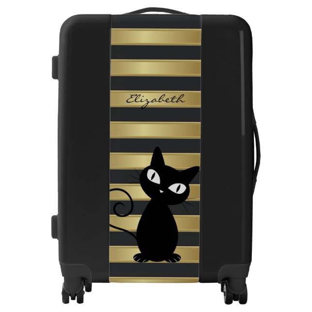 Whimsical Black Cat,Gold Stripes- Personalized Luggage (Front)