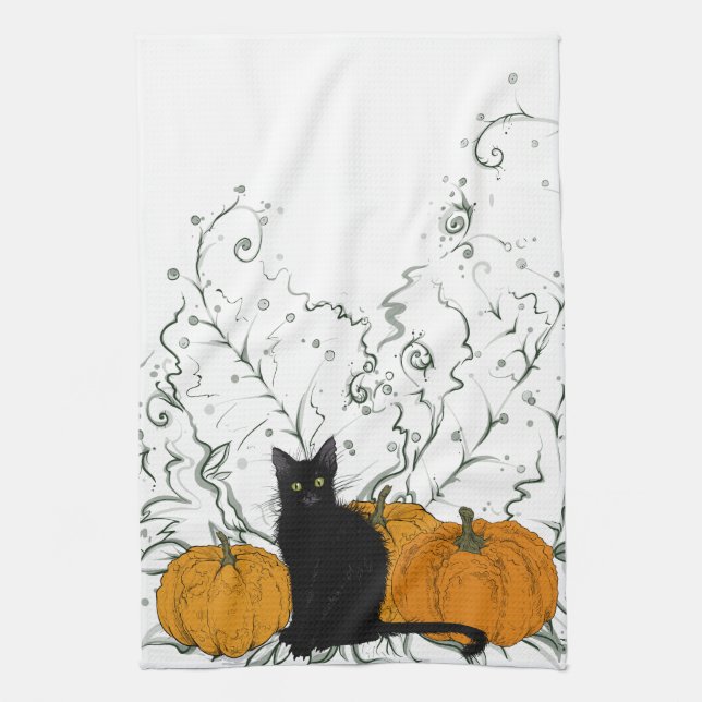 Whimsical Black Cat Halloween Kitchen Towel (Vertical)