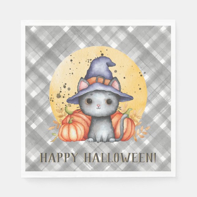 Whimsical Black Cat Halloween Napkins (Front)