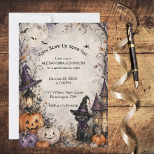 Whimsical Black Cat Halloween Party Invitation