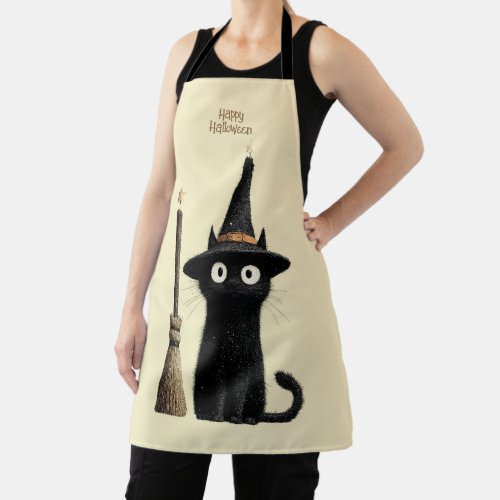 Whimsical Black Cat Happy Halloween Apron