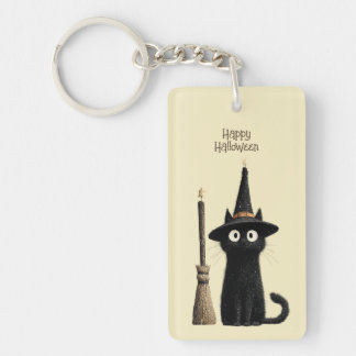 Whimsical Black Cat Happy Halloween Keychain