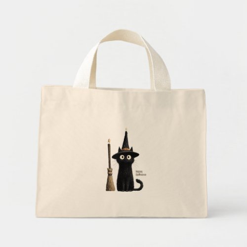 Whimsical Black Cat Happy Halloween Mini Tote Bag