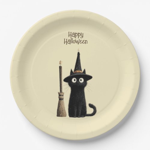 Whimsical Black Cat Happy Halloween Paper Plates