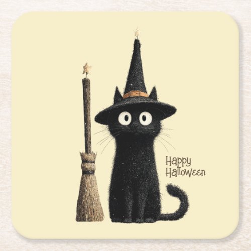 Whimsical Black Cat Happy Halloween Square Paper Coaster