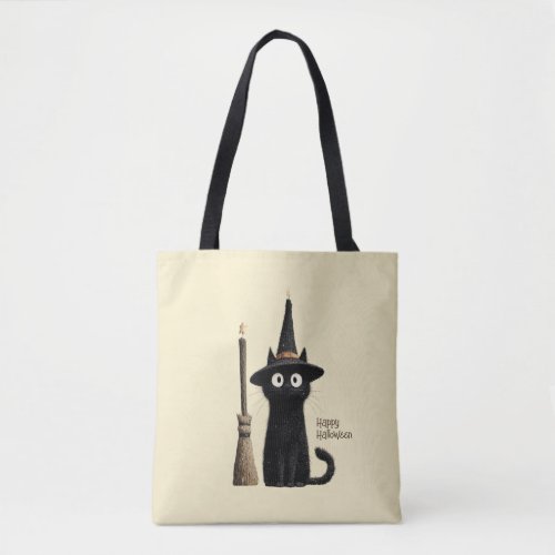 Whimsical Black Cat Happy Halloween Tote Bag