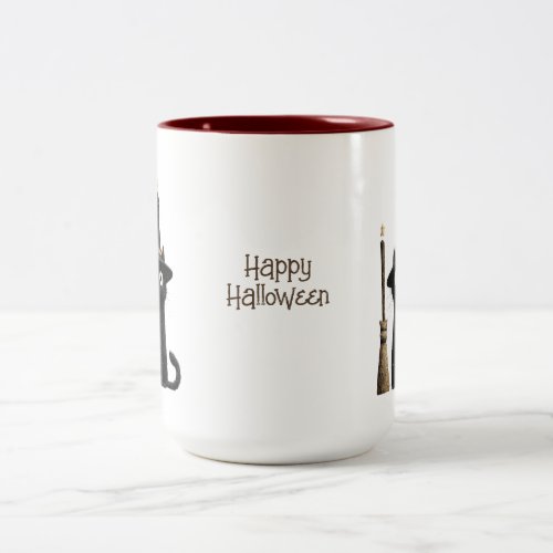 Whimsical Black Cat Happy Halloween Two-Tone Coffee Mug