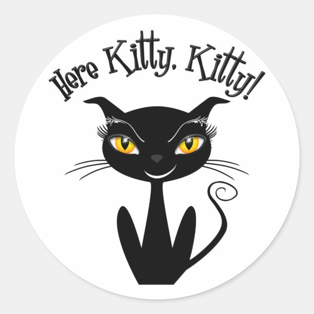 Whimsical Black Cat Here Kitty, Kitty! Classic Round Sticker (Front)