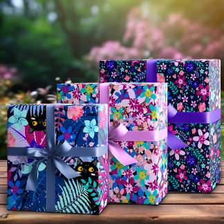 Whimsical Black Cat Hidden In Midnight Blooms Wrapping Paper Sheets