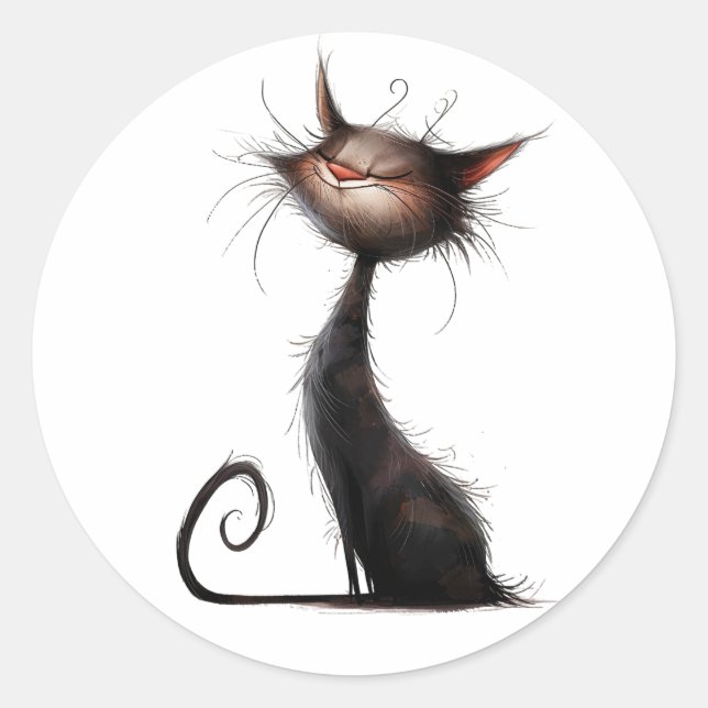 Whimsical Black Cat Illustration Classic Round Sticker (Front)