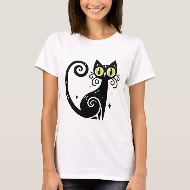 Whimsical Black Cat Illustration T-Shirt (Front)