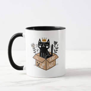 Whimsical Black Cat in a Box with Crown Mug