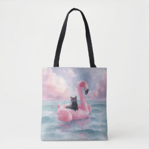 Whimsical Black Cat in Flamingo Float Tote Bag