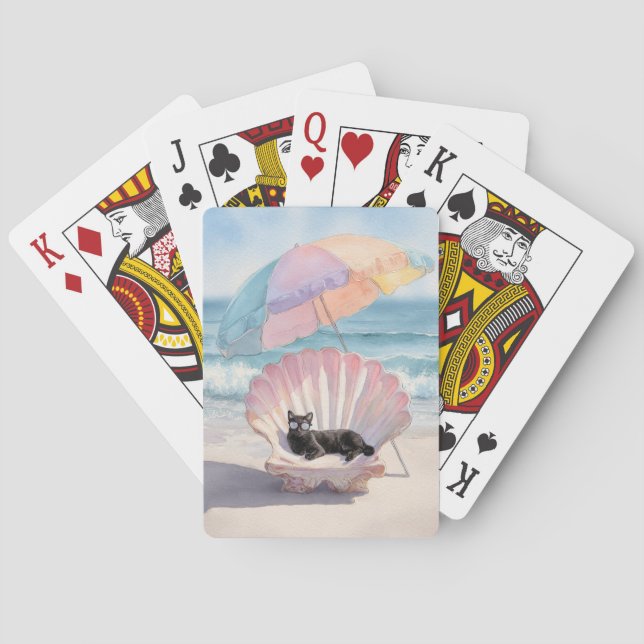 Whimsical Black Cat in Seashell with Umbrella Play Poker Cards (Back)