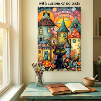 Whimsical Black Cat Magical Fantasy Village Acrylic Print