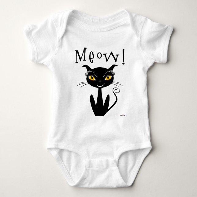 Whimsical Black Cat Meow! Baby Bodysuit (Front)