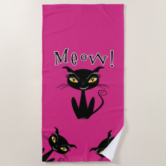 Whimsical Black Cat Meow! Beach Towel