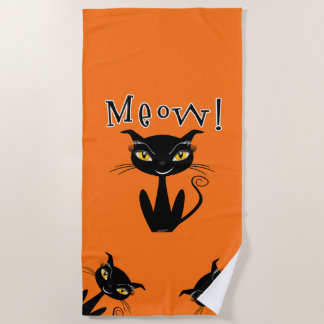 Whimsical Black Cat Meow! Beach Towel